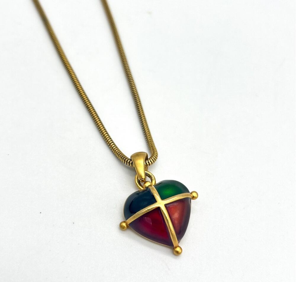 Vintage Anne Klein Necklace Multicolor Puffy Heart Pendant Gold Tone 90's Y2K